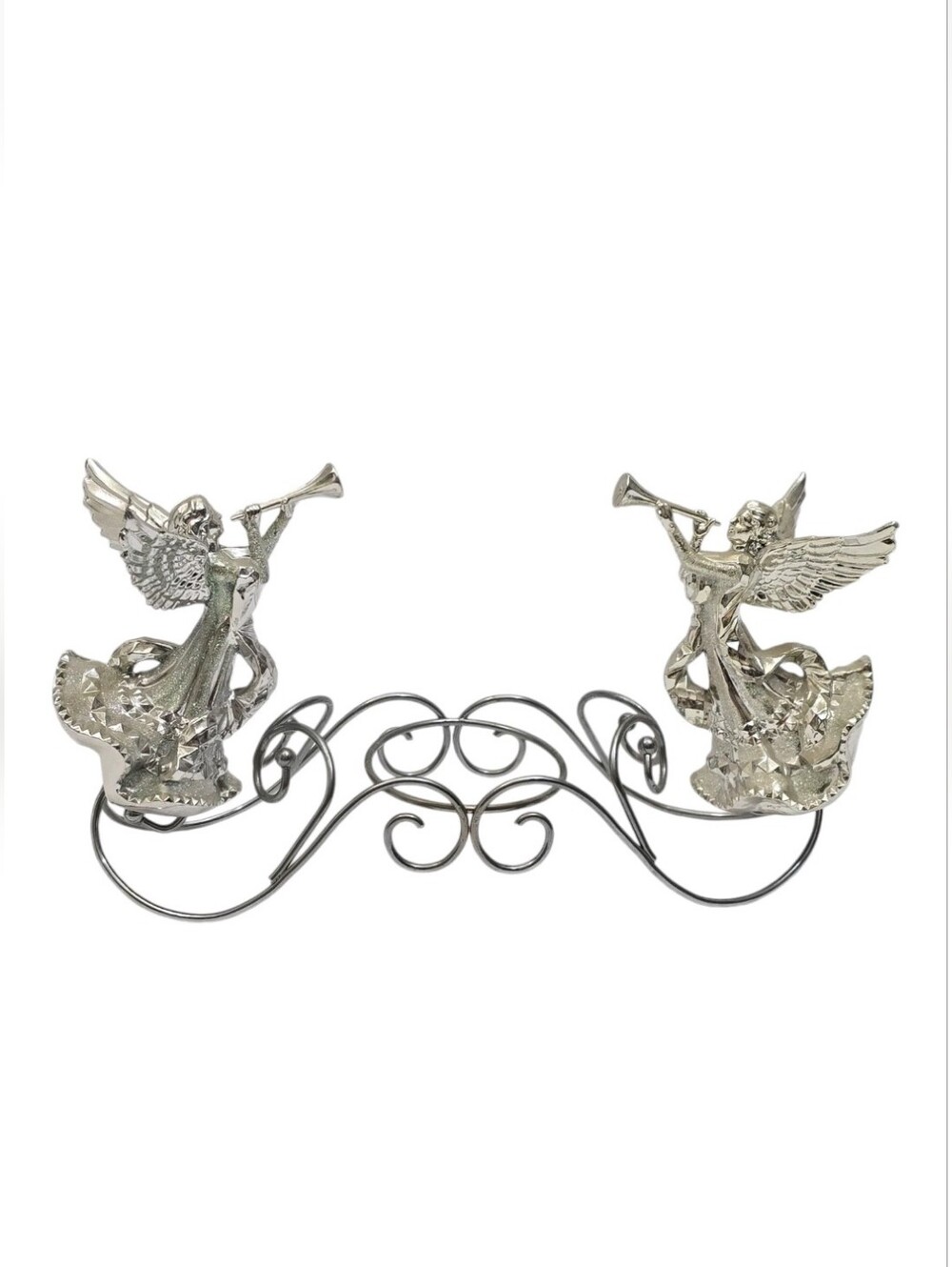 Vintage Silver Tone Trumpet Angel Candle Holder Centerpiece Holiday Table Decor